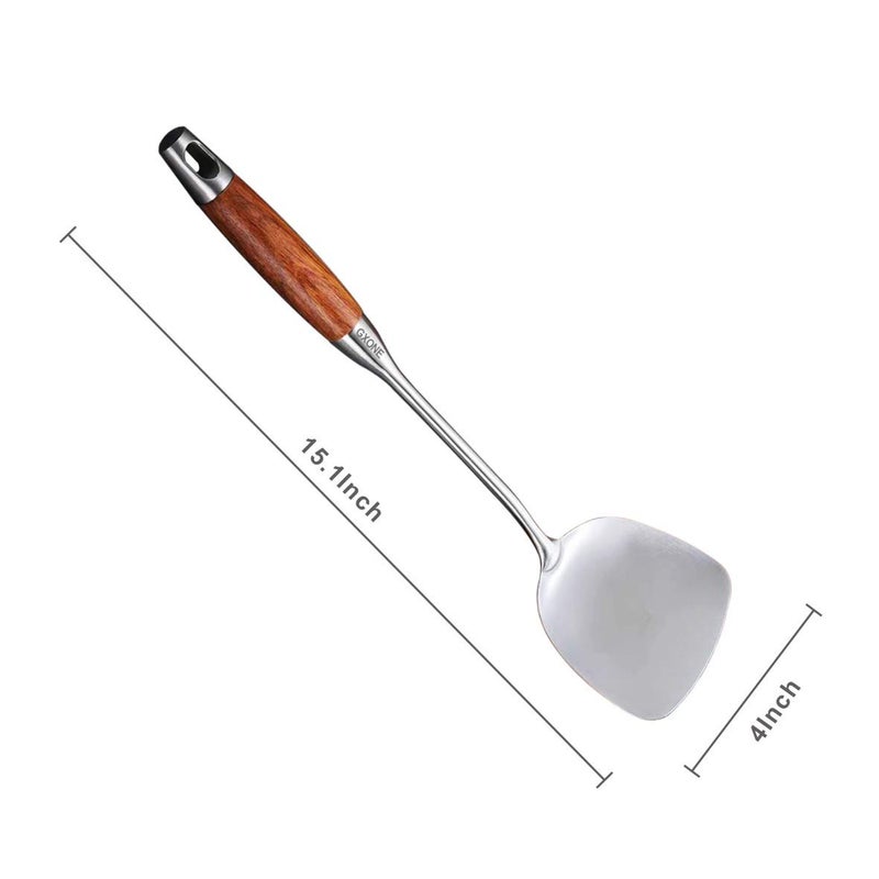 GXONE Chinese Wok Spatula, 304 Stainless Steel Spatula with Heat Resistant Wooden Handle Wok Utensils,Silver/15.7Inch - Image 2